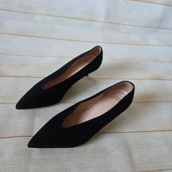 J. Crew Suede Leather Kitten Heels Pointy Toe Slide Women Shoes Size 6 1/2 Black - Picture 10 of 13